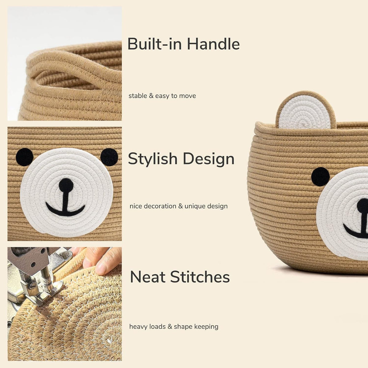 Baby Basket for Gifts Empty, Cute Bear Design, Light Brown