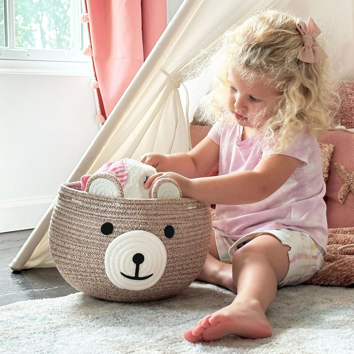 Baby Basket for Gifts Empty, Cute Bear Design, Light Brown