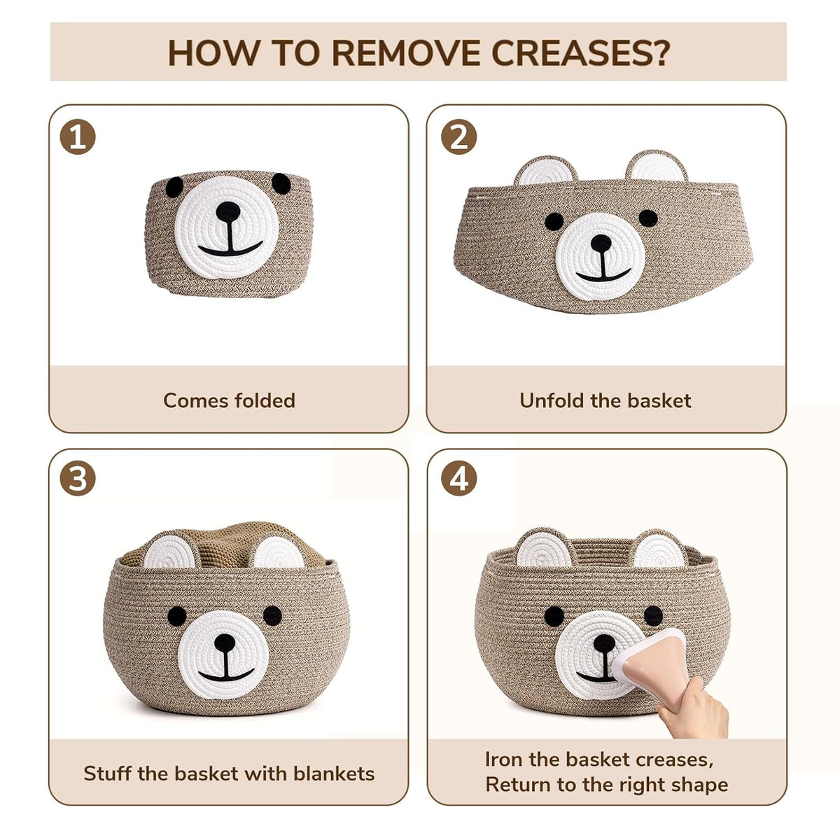 Baby Basket for Gifts Empty, Cute Bear Design, Light Brown