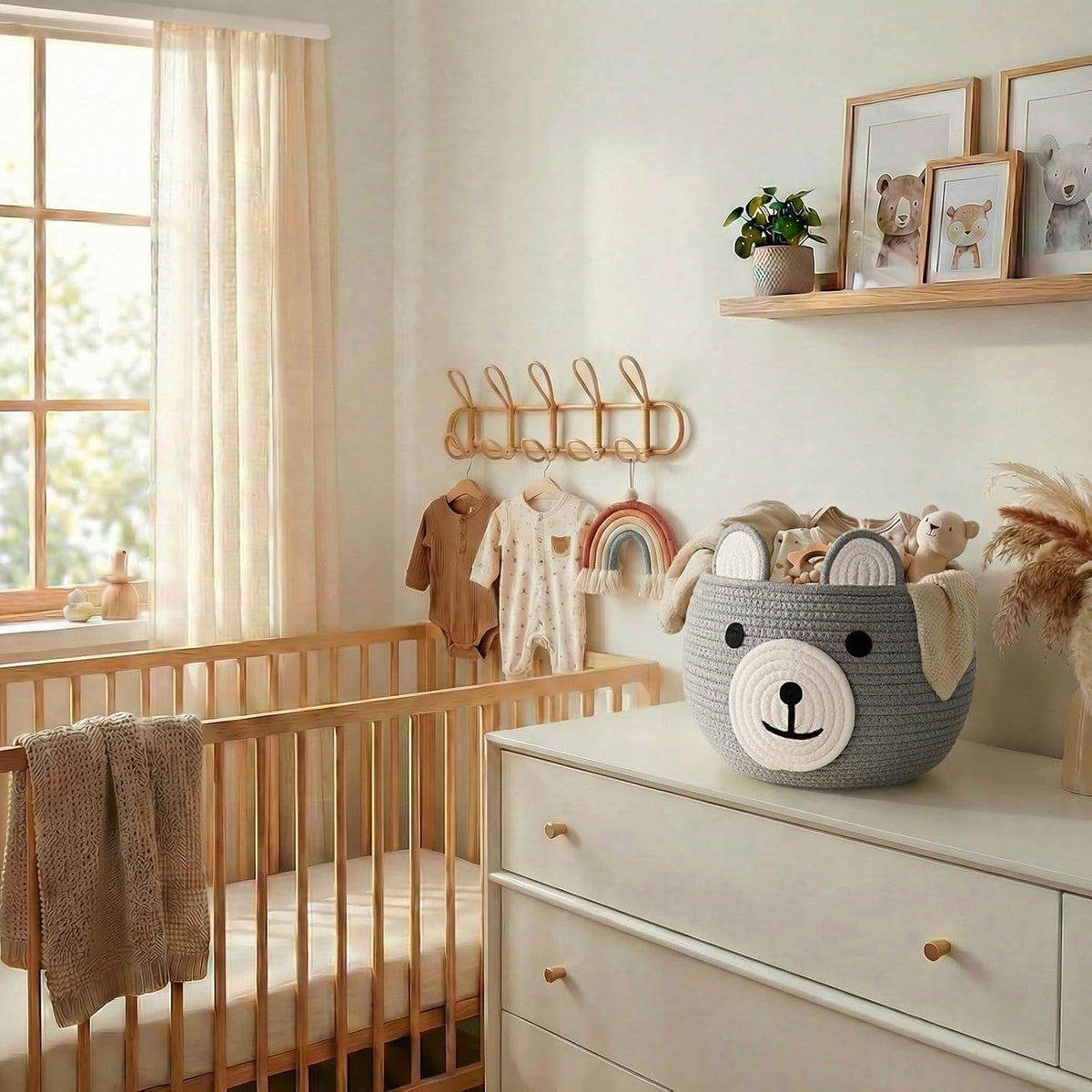 Baby Basket for Gifts Empty, Cute Bear Design, Light Brown