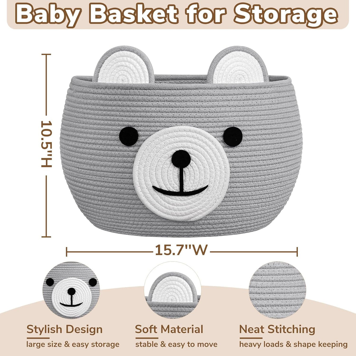 Baby Basket for Gifts Empty, Cute Bear Design, Light Brown