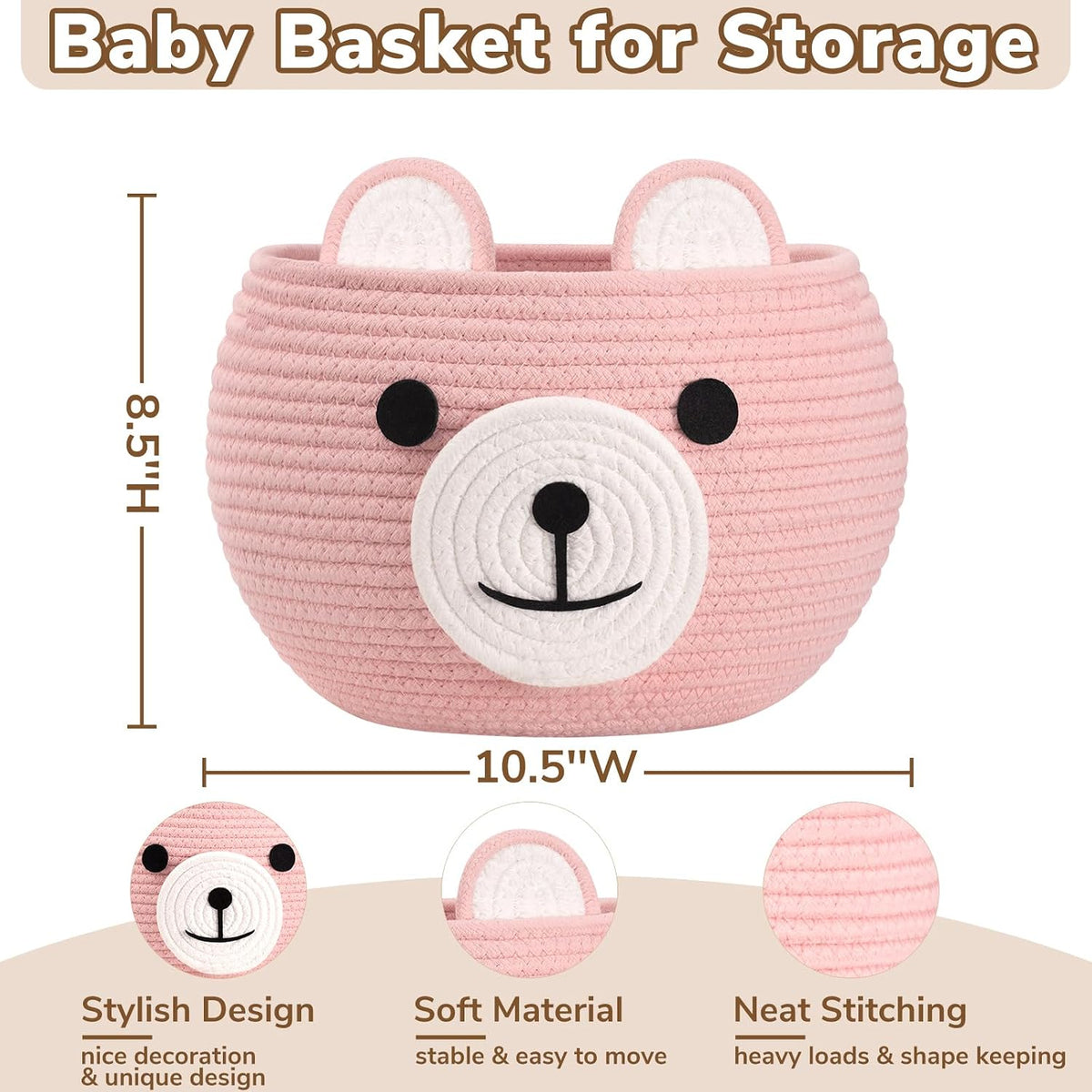 Baby Basket for Gifts Empty, Cute Bear Design, Light Brown