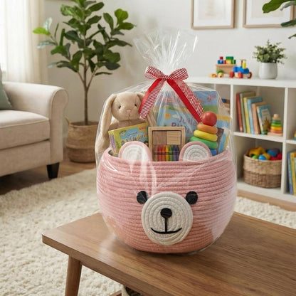 Baby Basket for Gifts Empty, Cute Bear Design, Light Brown