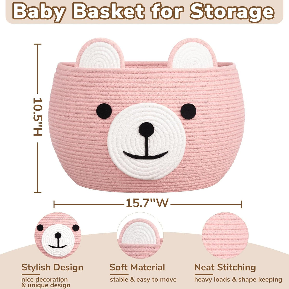 Baby Basket for Gifts Empty, Cute Bear Design, Light Brown