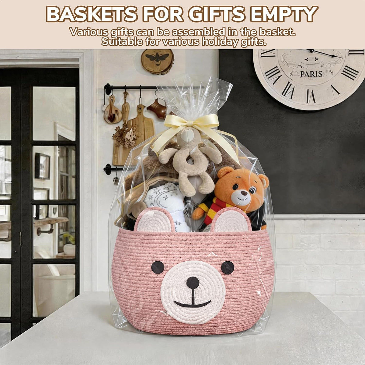 Baby Basket for Gifts Empty, Cute Bear Design, Light Brown