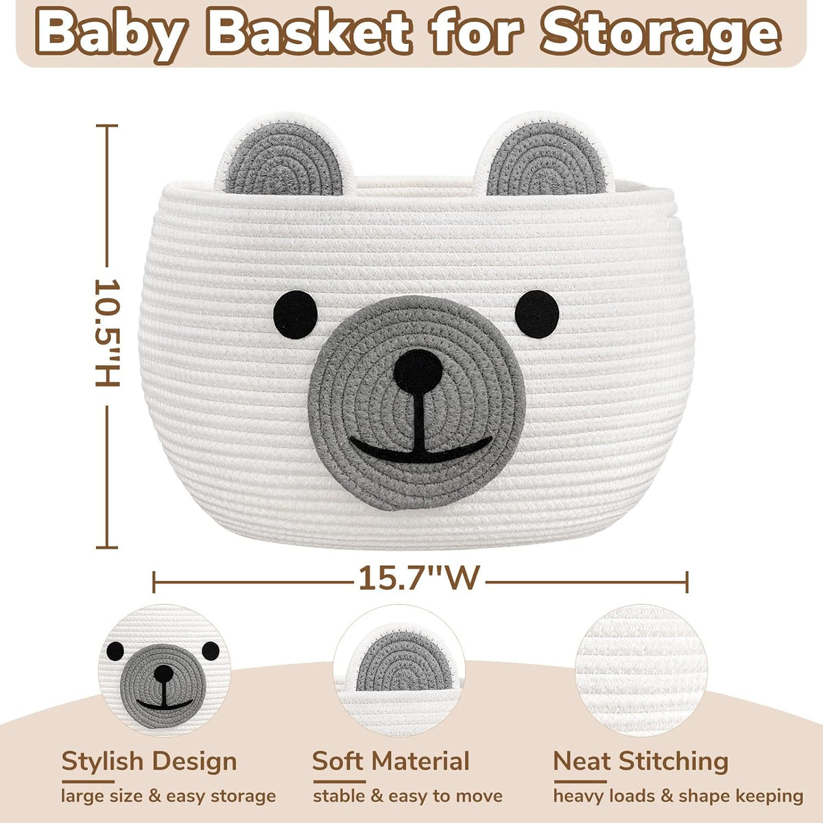 Baby Basket for Gifts Empty, Cute Bear Design, Light Brown
