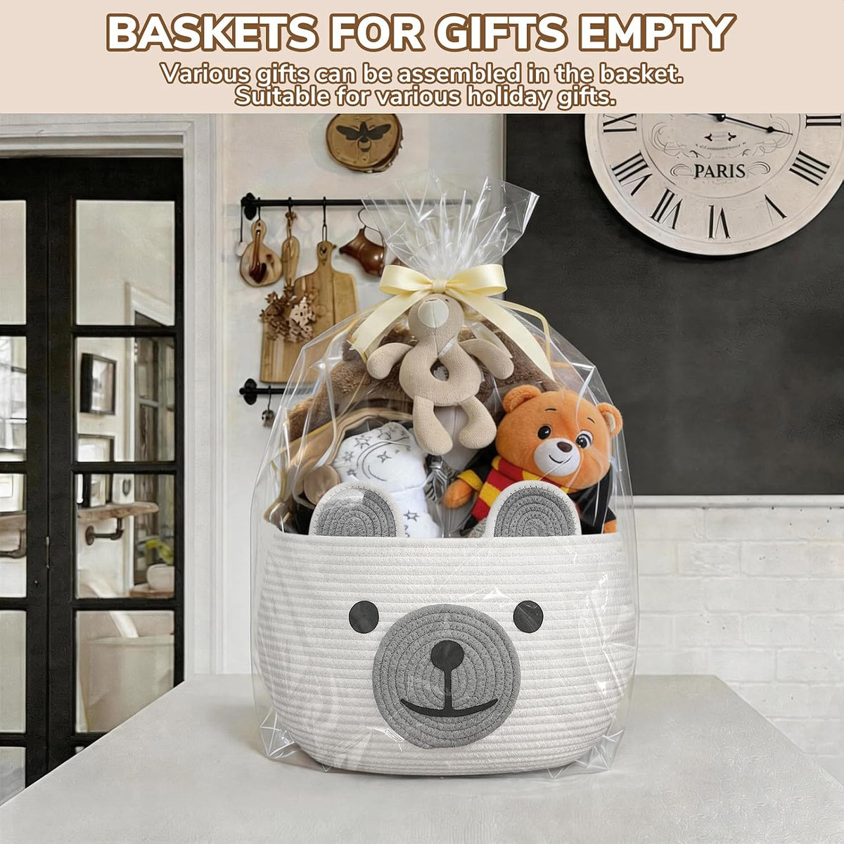 Baby Basket for Gifts Empty, Cute Bear Design, Light Brown