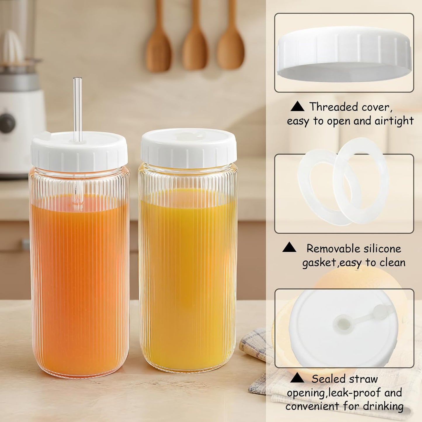 20oz Ribbed Glass Tumbler with Lids and Straws – 2 Pack Leak Proof Iced Coffee Cup– Aesthetic Glass Cups with Bamboo Lids for Home,Office,Travel and Gifts (2, Transparent)