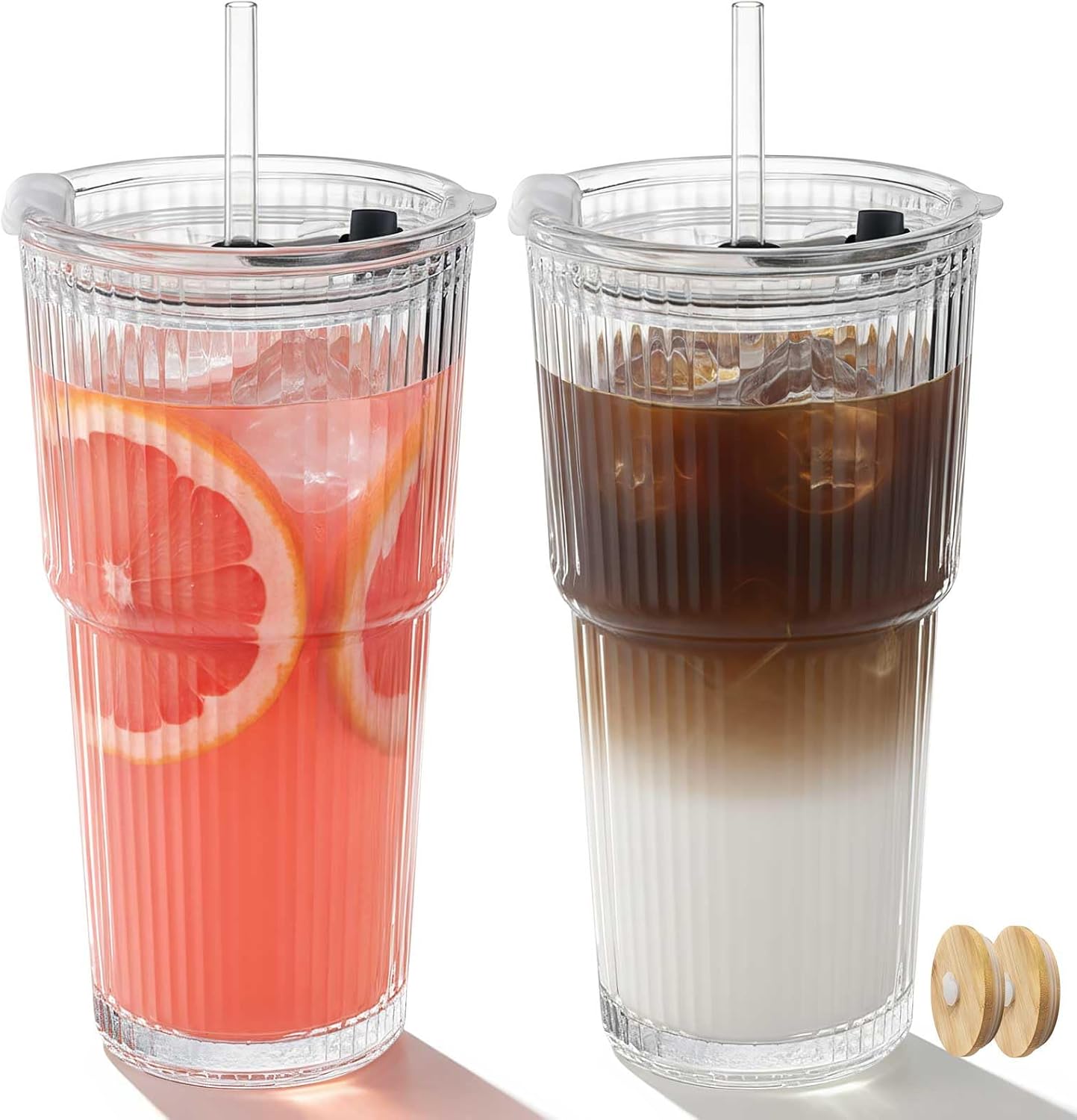 20oz Ribbed Glass Tumbler with Lids and Straws – 2 Pack Leak Proof Iced Coffee Cup– Aesthetic Glass Cups with Bamboo Lids for Home,Office,Travel and Gifts (2, Transparent)