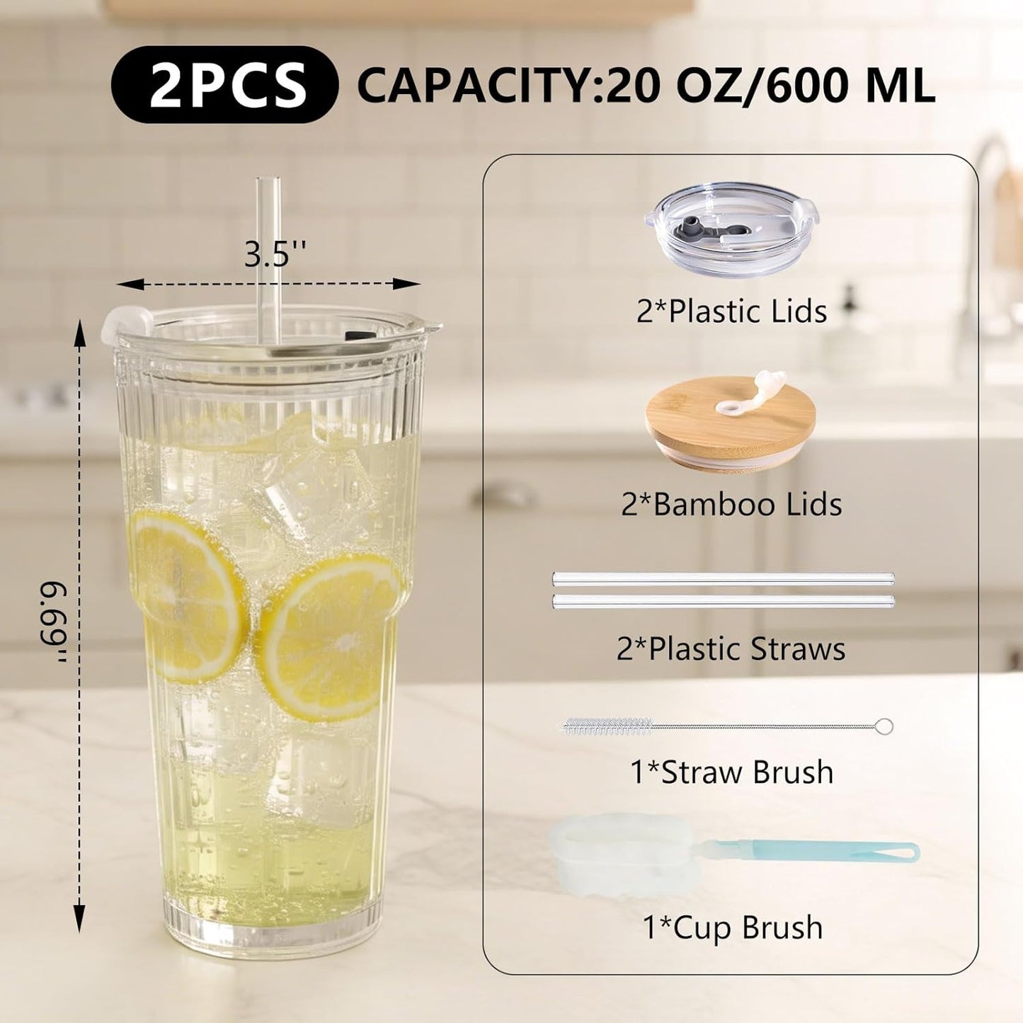 20oz Ribbed Glass Tumbler with Lids and Straws – 2 Pack Leak Proof Iced Coffee Cup– Aesthetic Glass Cups with Bamboo Lids for Home,Office,Travel and Gifts (2, Transparent)