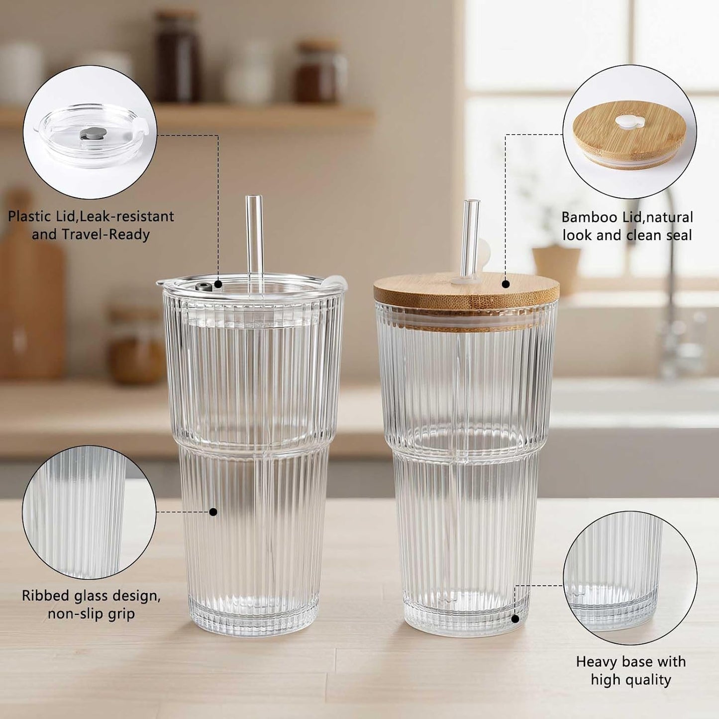 20oz Ribbed Glass Tumbler with Lids and Straws – 2 Pack Leak Proof Iced Coffee Cup– Aesthetic Glass Cups with Bamboo Lids for Home,Office,Travel and Gifts (2, Transparent)
