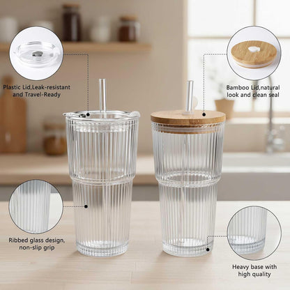 20oz Ribbed Glass Tumbler with Lids and Straws – 2 Pack Leak Proof Iced Coffee Cup– Aesthetic Glass Cups with Bamboo Lids for Home,Office,Travel and Gifts (2, Transparent)