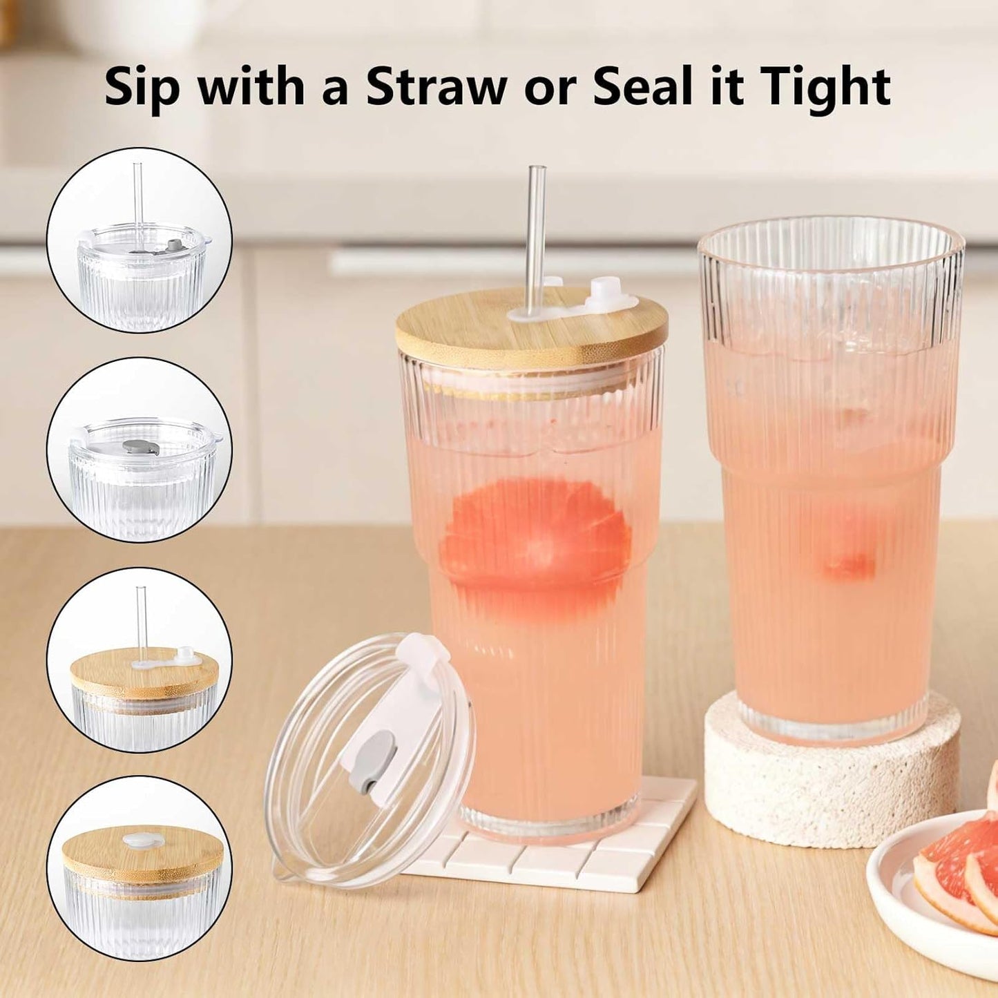 20oz Ribbed Glass Tumbler with Lids and Straws – 2 Pack Leak Proof Iced Coffee Cup– Aesthetic Glass Cups with Bamboo Lids for Home,Office,Travel and Gifts (2, Transparent)