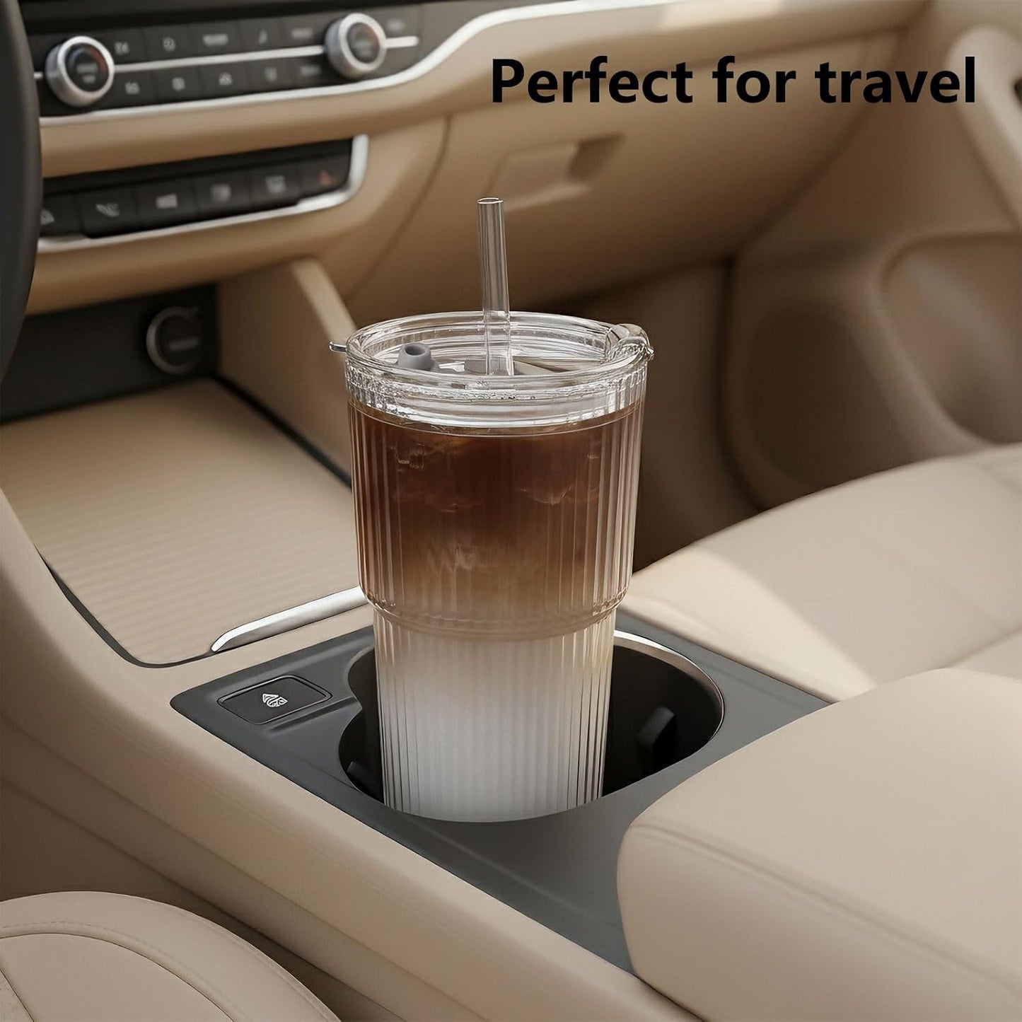 20oz Ribbed Glass Tumbler with Lids and Straws – 2 Pack Leak Proof Iced Coffee Cup– Aesthetic Glass Cups with Bamboo Lids for Home,Office,Travel and Gifts (2, Transparent)