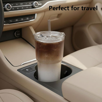 20oz Ribbed Glass Tumbler with Lids and Straws – 2 Pack Leak Proof Iced Coffee Cup– Aesthetic Glass Cups with Bamboo Lids for Home,Office,Travel and Gifts (2, Transparent)