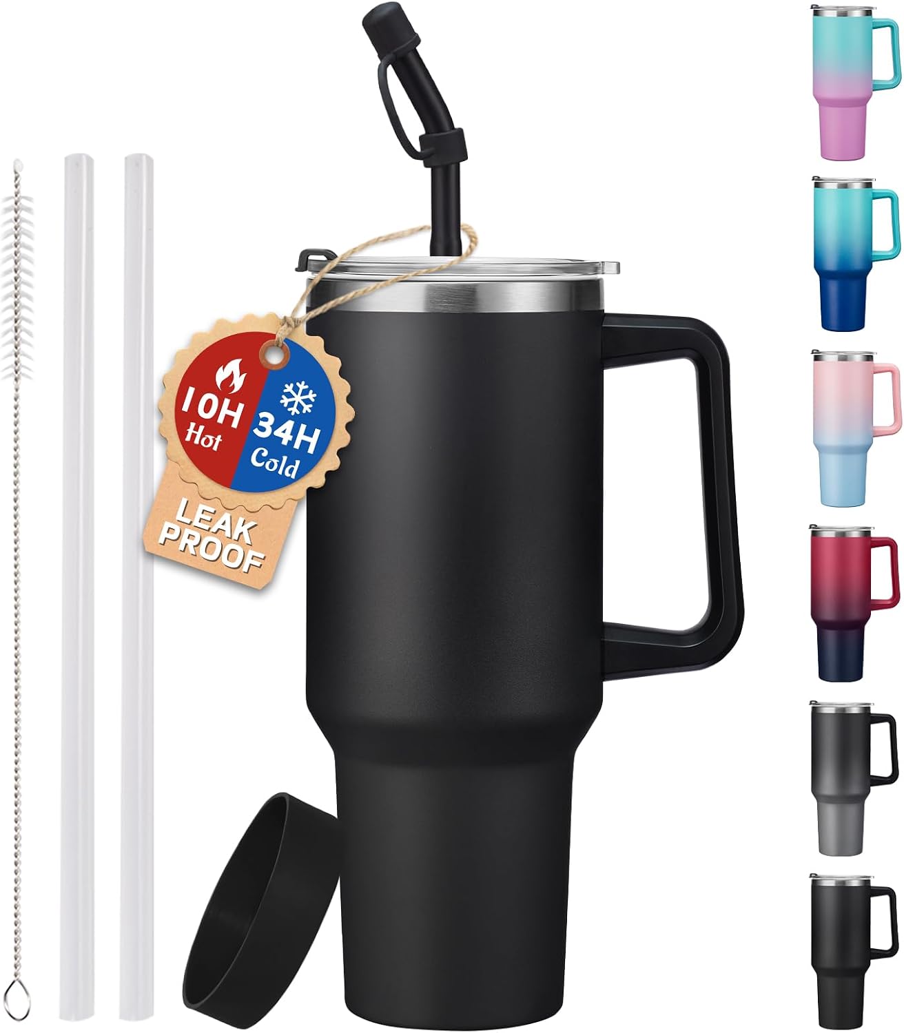 40 oz Stainless Steel Vacuum Insulated Tumbler with Lid and Straw for Water, Iced Tea or Coffee, Spill Proof Water Bottle with Handle, Leak Resistant Travel Mug Car Cupholder Friendly