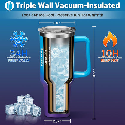 40 oz Stainless Steel Vacuum Insulated Tumbler with Lid and Straw for Water, Iced Tea or Coffee, Spill Proof Water Bottle with Handle, Leak Resistant Travel Mug Car Cupholder Friendly