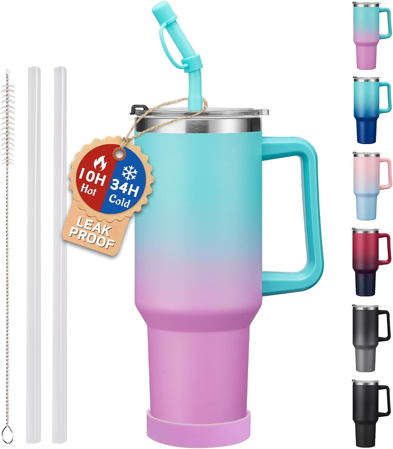40 oz Stainless Steel Vacuum Insulated Tumbler with Lid and Straw for Water, Iced Tea or Coffee, Spill Proof Water Bottle with Handle, Leak Resistant Travel Mug Car Cupholder Friendly