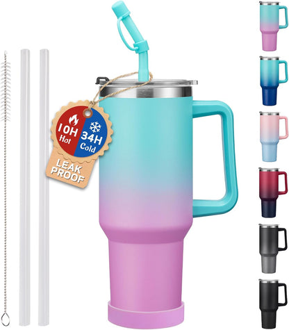 40 oz Stainless Steel Vacuum Insulated Tumbler with Lid and Straw for Water, Iced Tea or Coffee, Spill Proof Water Bottle with Handle, Leak Resistant Travel Mug Car Cupholder Friendly