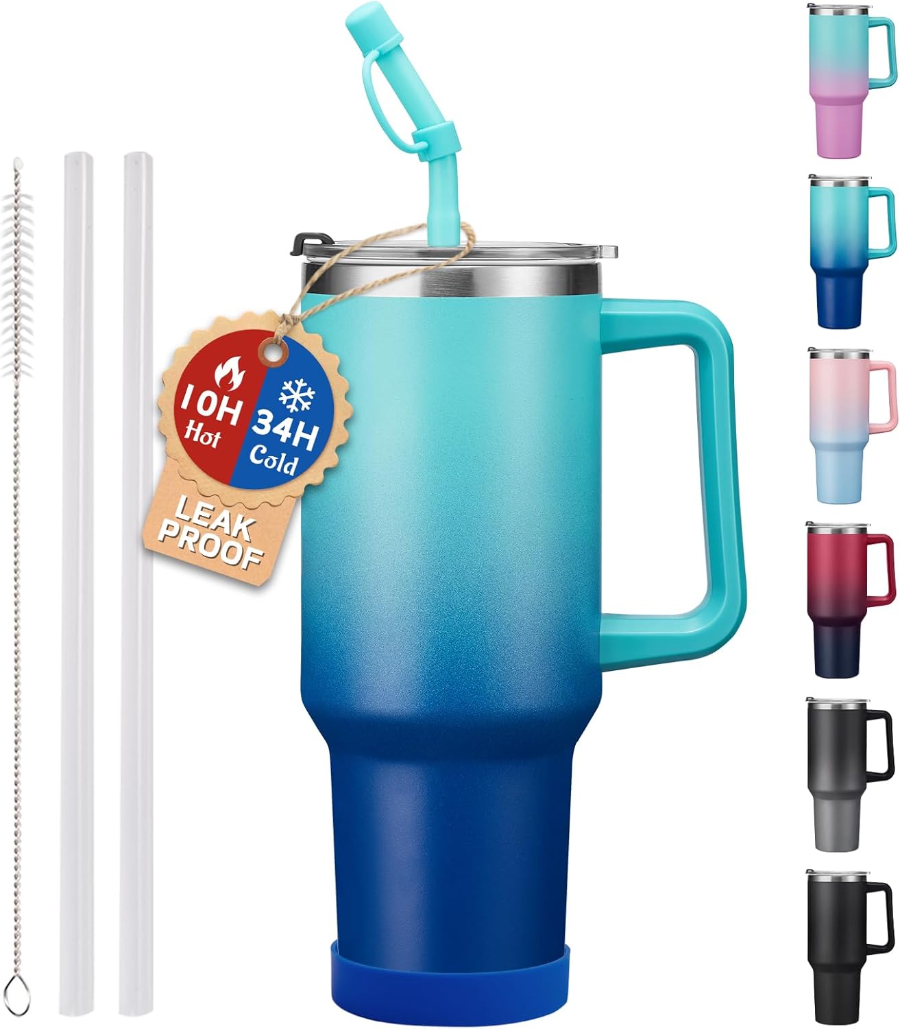 40 oz Stainless Steel Vacuum Insulated Tumbler with Lid and Straw for Water, Iced Tea or Coffee, Spill Proof Water Bottle with Handle, Leak Resistant Travel Mug Car Cupholder Friendly