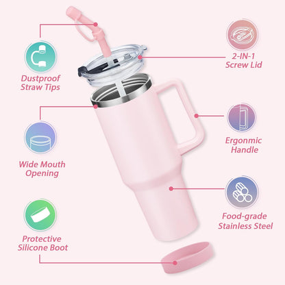 40 oz Stainless Steel Vacuum Insulated Tumbler with Lid and Straw for Water, Iced Tea or Coffee, Spill Proof Water Bottle with Handle, Leak Resistant Travel Mug Car Cupholder Friendly