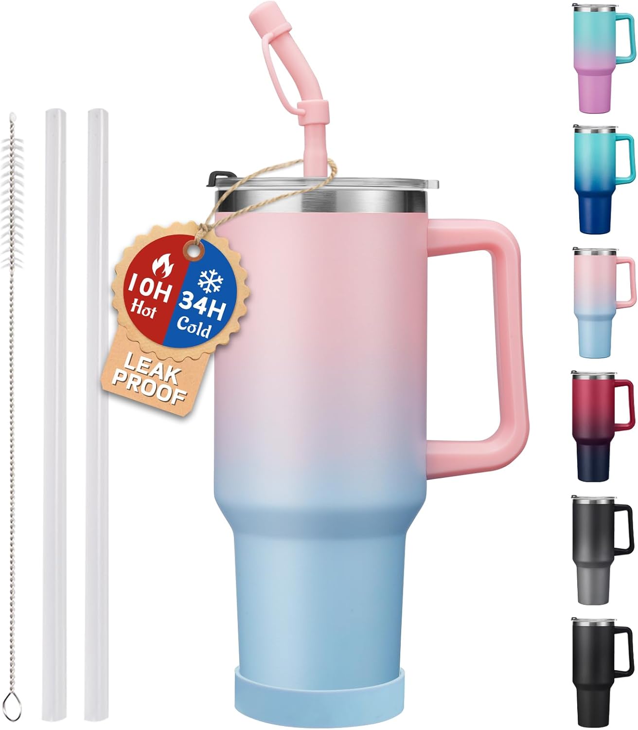 40 oz Stainless Steel Vacuum Insulated Tumbler with Lid and Straw for Water, Iced Tea or Coffee, Spill Proof Water Bottle with Handle, Leak Resistant Travel Mug Car Cupholder Friendly