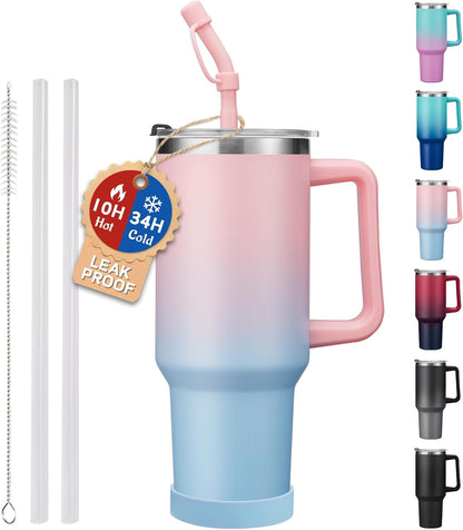 40 oz Stainless Steel Vacuum Insulated Tumbler with Lid and Straw for Water, Iced Tea or Coffee, Spill Proof Water Bottle with Handle, Leak Resistant Travel Mug Car Cupholder Friendly