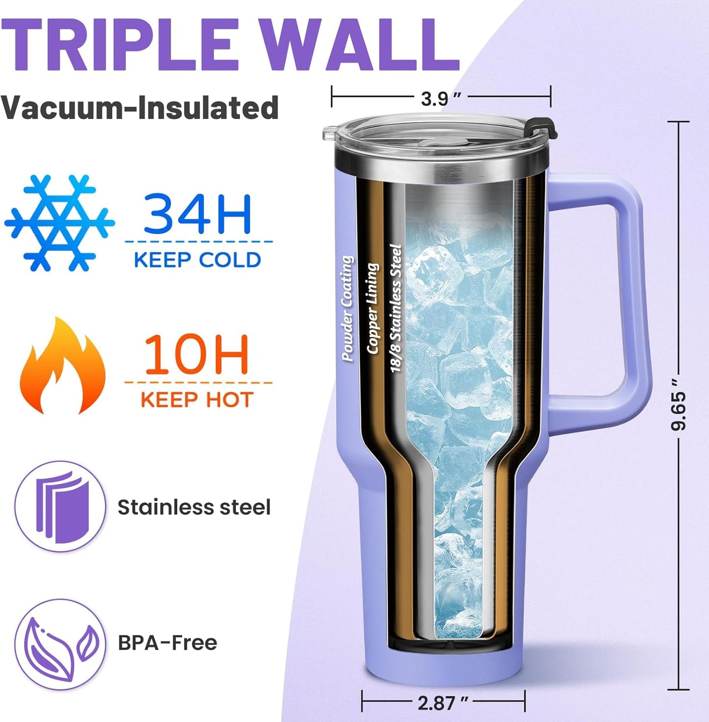 40 oz Stainless Steel Vacuum Insulated Tumbler with Lid and Straw for Water, Iced Tea or Coffee, Spill Proof Water Bottle with Handle, Leak Resistant Travel Mug Car Cupholder Friendly