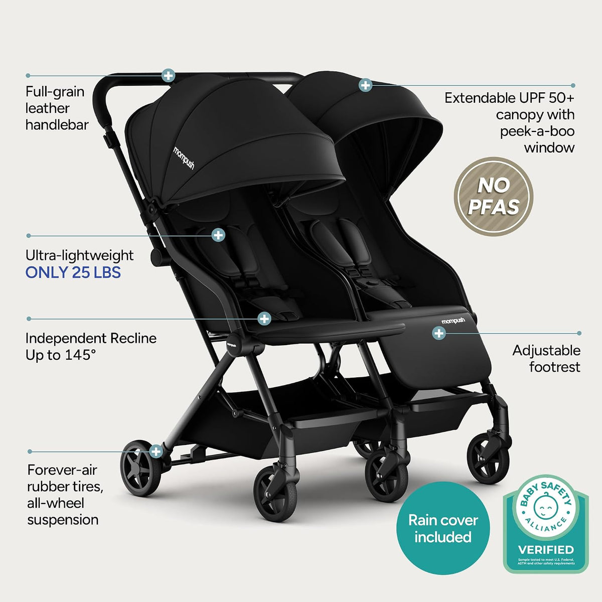 Lithe Double Stroller, Lightweight Side by Side, Infant & Toddler