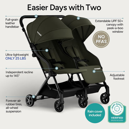 Lithe Double Stroller, Lightweight Side by Side, Infant & Toddler