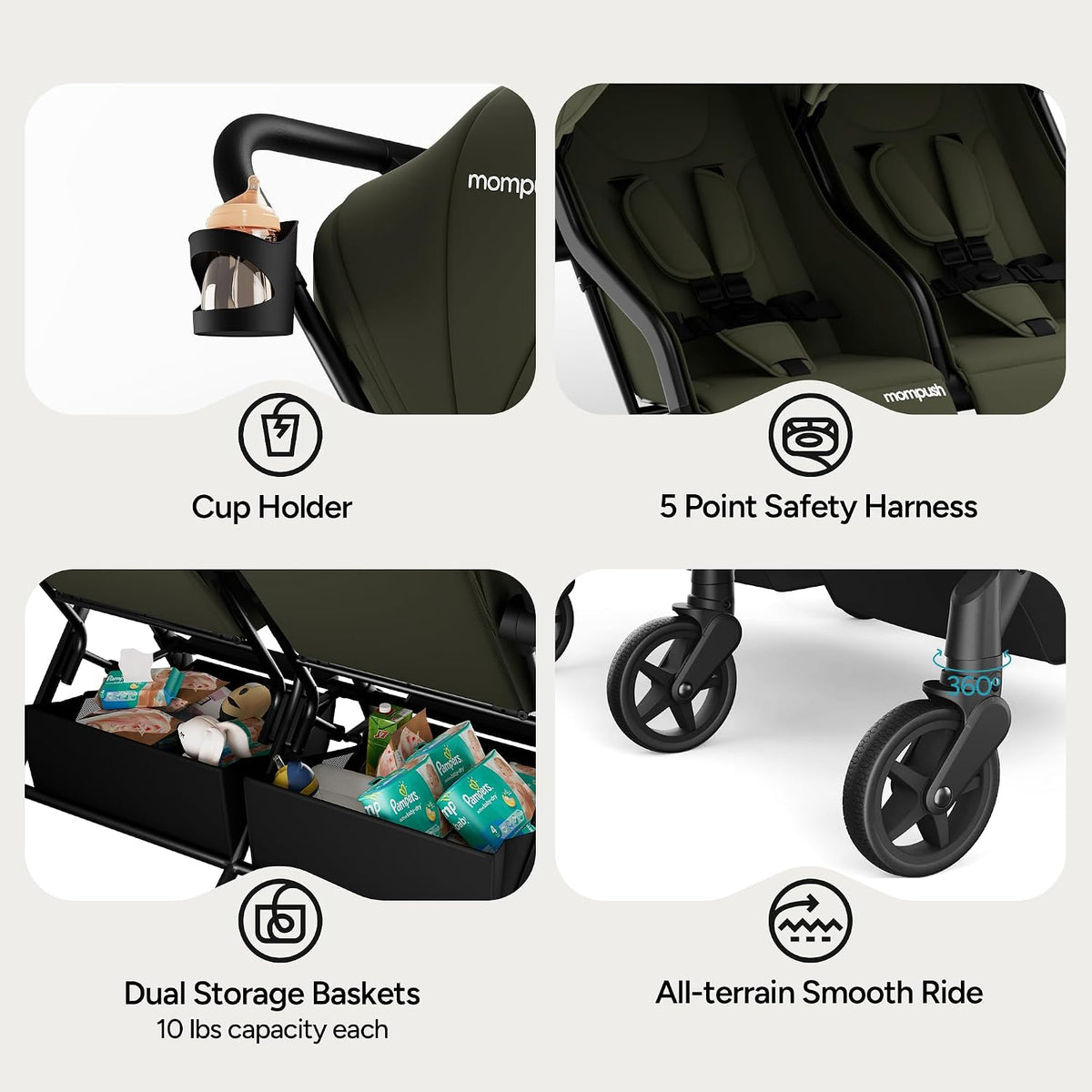 Lithe Double Stroller, Lightweight Side by Side, Infant & Toddler