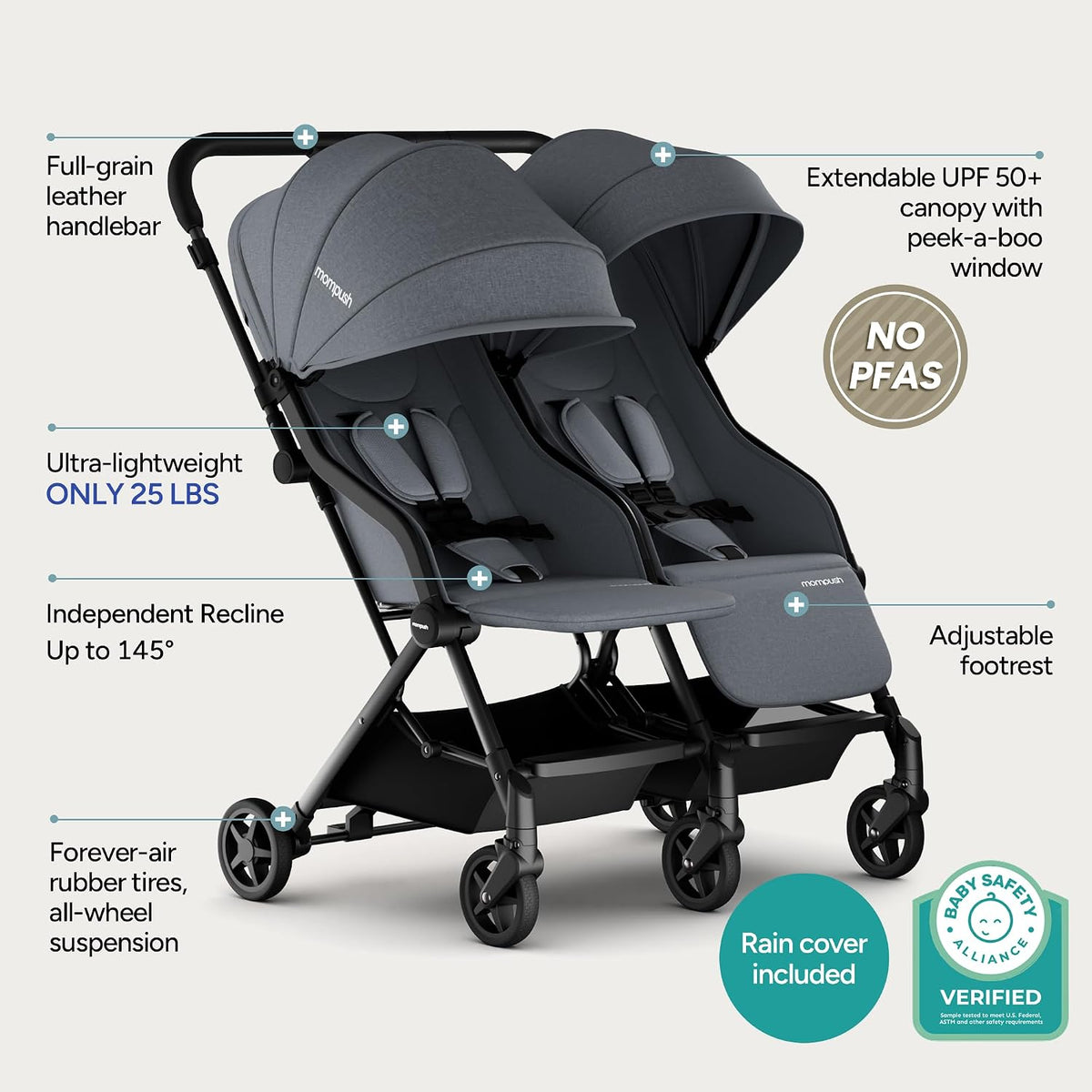 Lithe Double Stroller, Lightweight Side by Side, Infant & Toddler