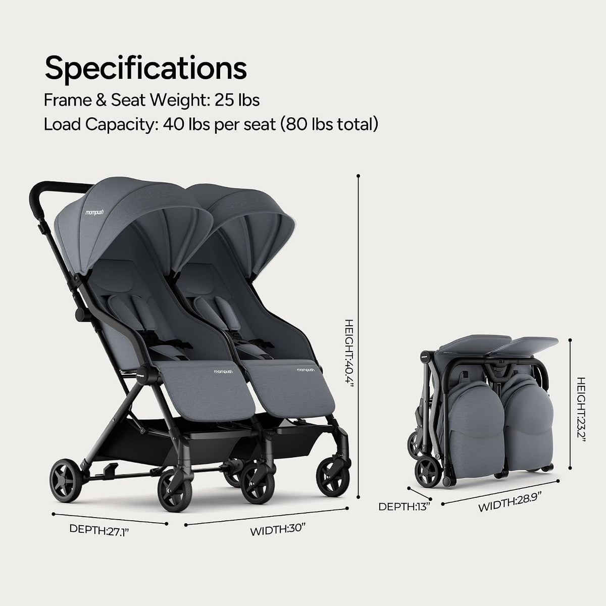 Lithe Double Stroller, Lightweight Side by Side, Infant & Toddler