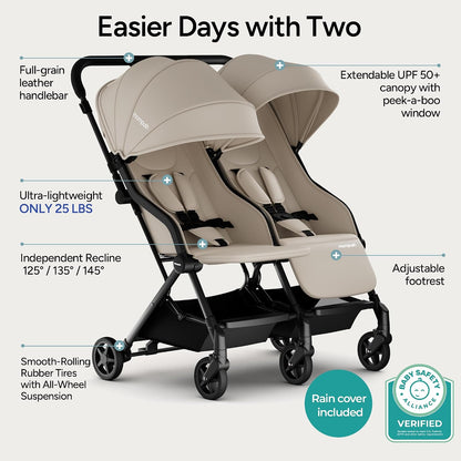 Lithe Double Stroller, Lightweight Side by Side, Infant & Toddler