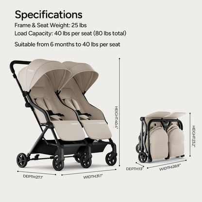 Lithe Double Stroller, Lightweight Side by Side, Infant & Toddler