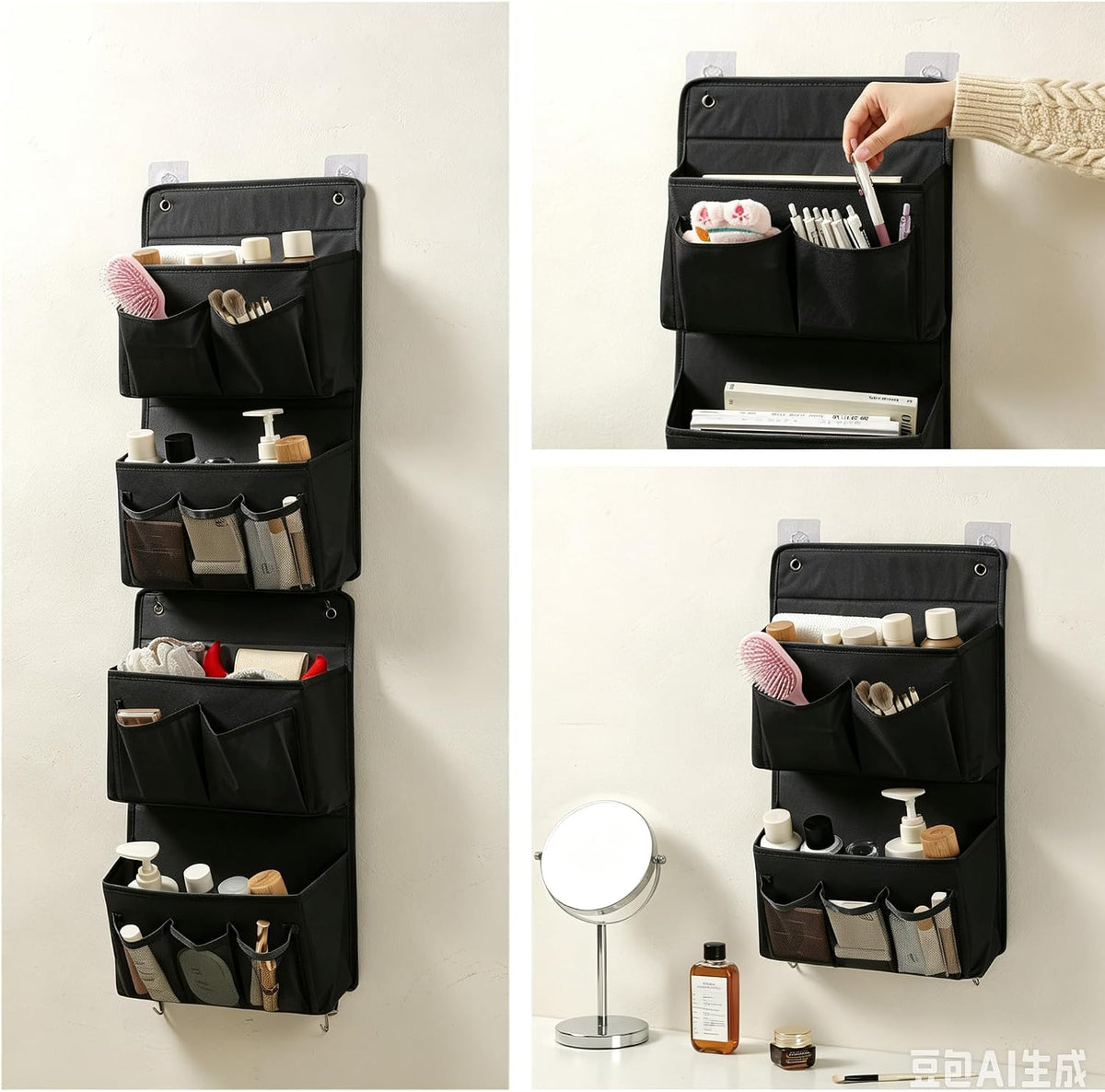 Wall Hanging Organizer – Over the Door Storage & Behind Door Organizer for Dormitory, Bathroom, Bedroom, Kitchen, Nursery, Space-Saving (Black)
