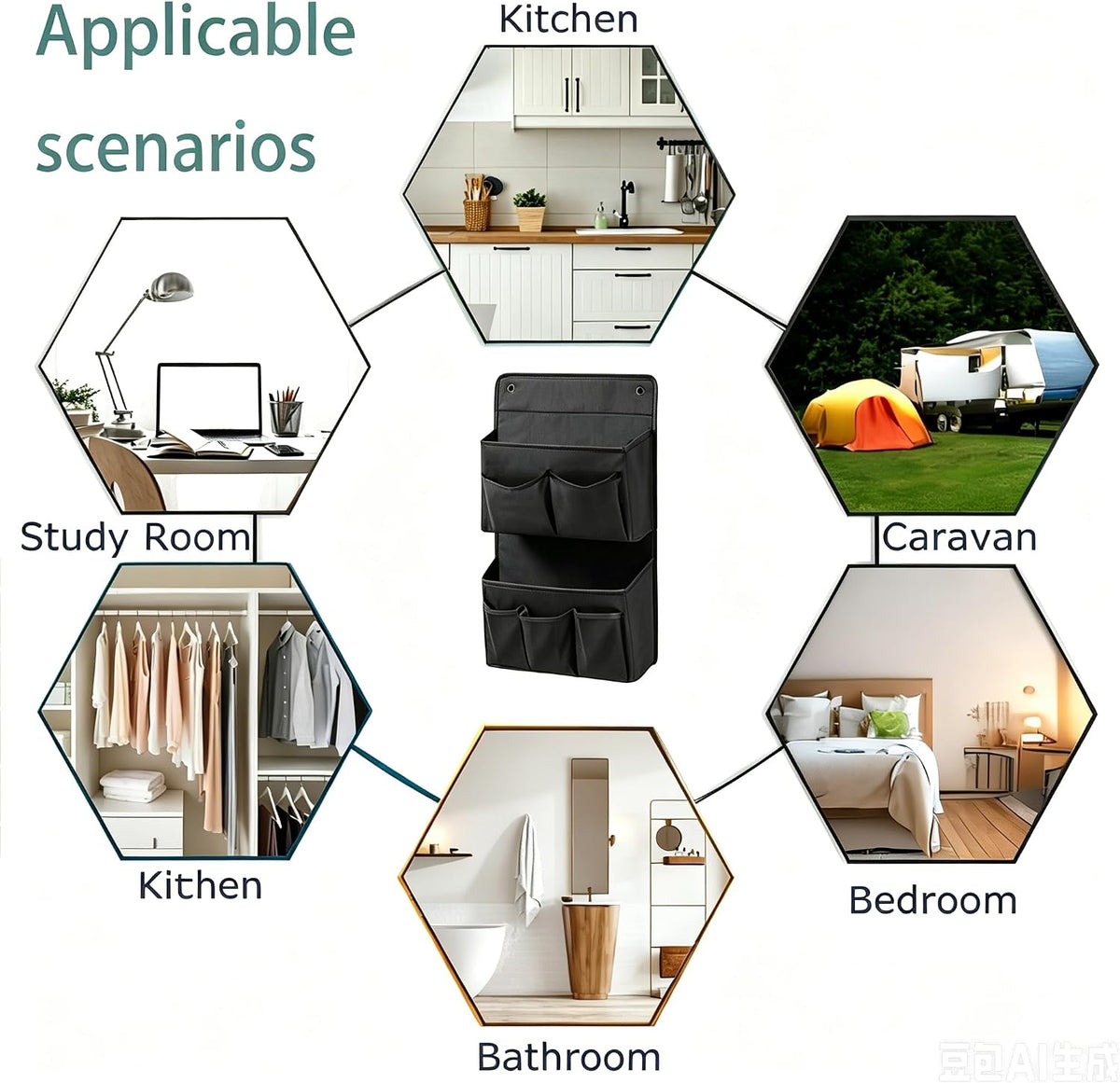 Wall Hanging Organizer – Over the Door Storage & Behind Door Organizer for Dormitory, Bathroom, Bedroom, Kitchen, Nursery, Space-Saving (Black)
