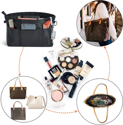Premium Nylon Purse Organizer Tote Handbag Insert Organizers Bag in Bag Zipper 13 Pockets 5 Sizes