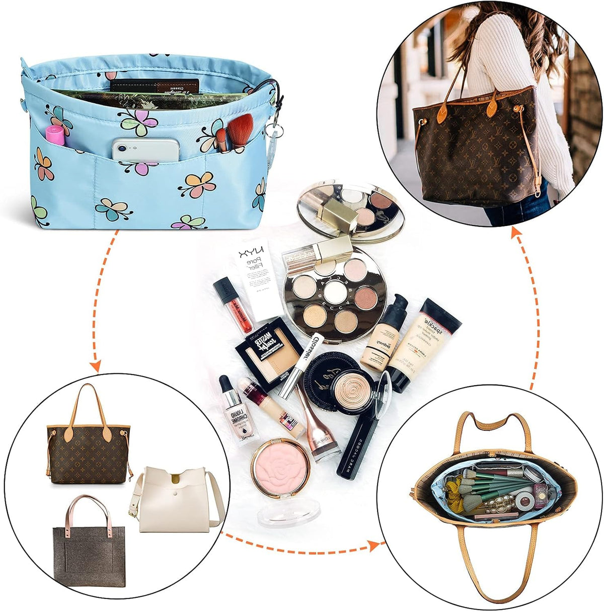 Premium Nylon Purse Organizer Tote Handbag Insert Organizers Bag in Bag Zipper 13 Pockets 5 Sizes