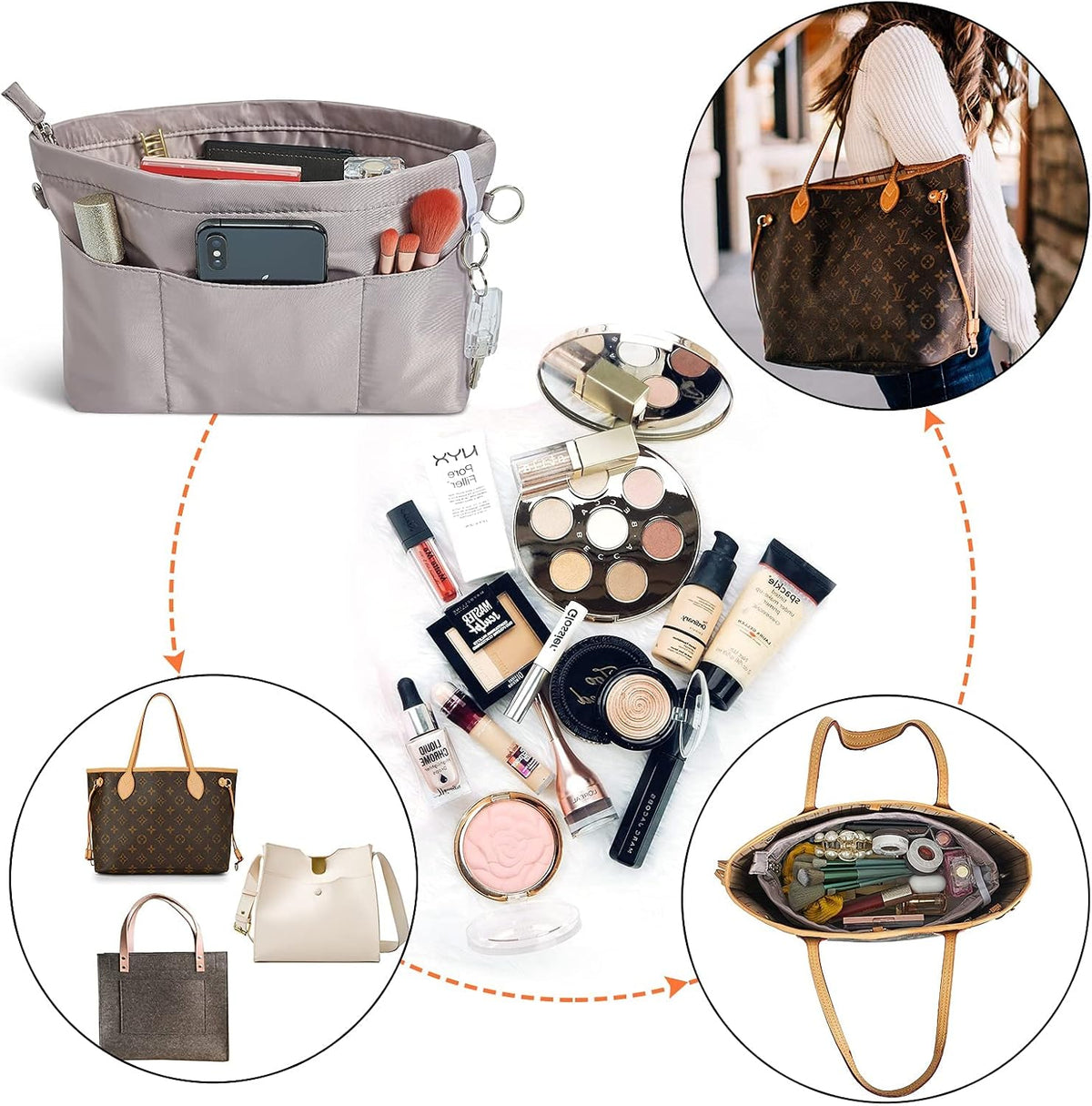 Premium Nylon Purse Organizer Tote Handbag Insert Organizers Bag in Bag Zipper 13 Pockets 5 Sizes
