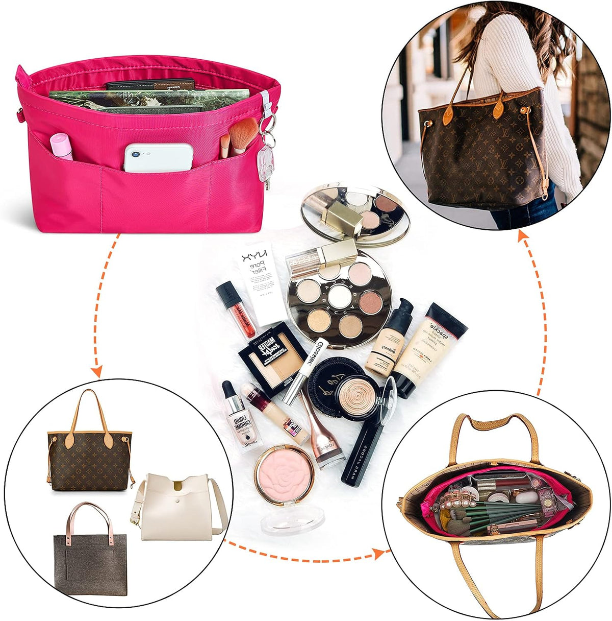 Premium Nylon Purse Organizer Tote Handbag Insert Organizers Bag in Bag Zipper 13 Pockets 5 Sizes