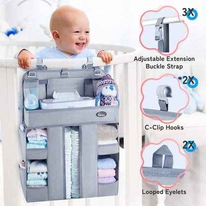 XL Hanging Diaper Caddy Organizer –Sturdy and Durable Baby Organizer – Diaper Stacker for Changing Table, Crib, Playard or Wall & Nursery Organization – Newborn Baby Essentials