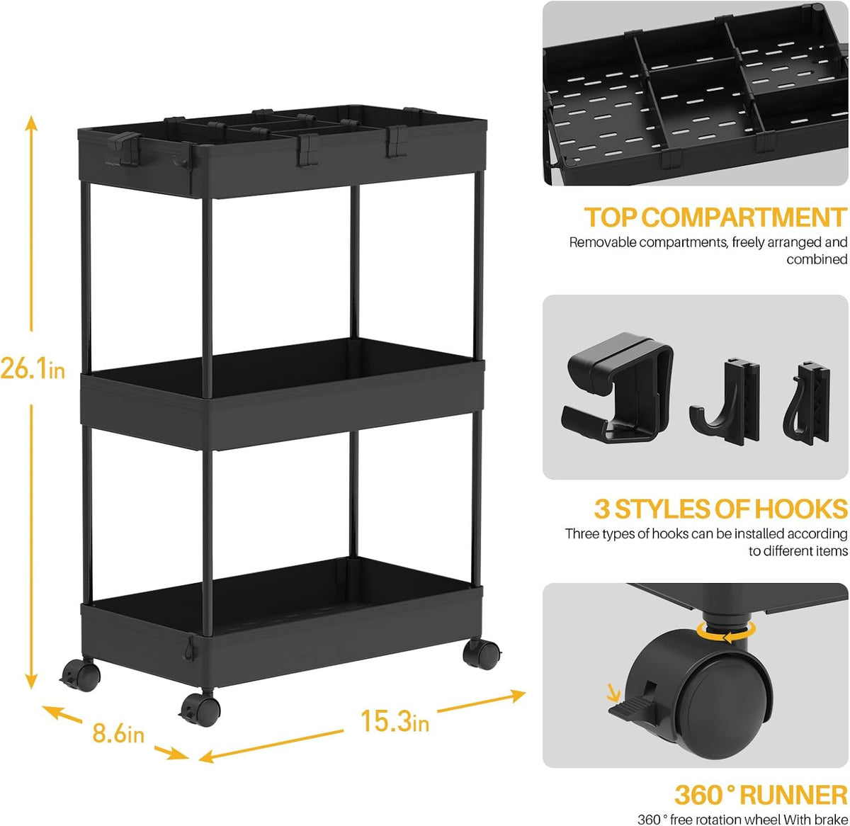 SPACELEAD 3 Tier Rolling Cart with Wheels, Storage Craft Art Trolley Organizer Serving, 3 Hanging Baskets Easy Assembly, for Office, Bathroom，Living Room, Kitchen, Black