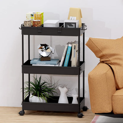 SPACELEAD 3 Tier Rolling Cart with Wheels, Storage Craft Art Trolley Organizer Serving, 3 Hanging Baskets Easy Assembly, for Office, Bathroom，Living Room, Kitchen, Black