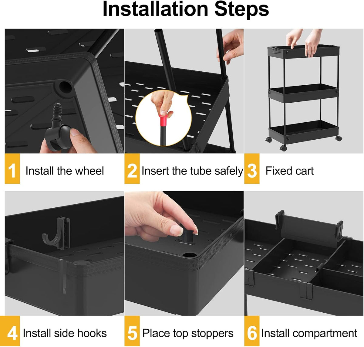 SPACELEAD 3 Tier Rolling Cart with Wheels, Storage Craft Art Trolley Organizer Serving, 3 Hanging Baskets Easy Assembly, for Office, Bathroom，Living Room, Kitchen, Black