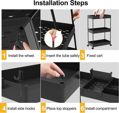 SPACELEAD 3 Tier Rolling Cart with Wheels, Storage Craft Art Trolley Organizer Serving, 3 Hanging Baskets Easy Assembly, for Office, Bathroom，Living Room, Kitchen, Black