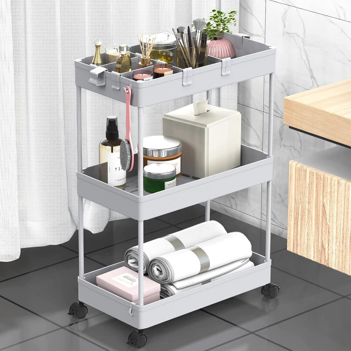 SPACELEAD 3 Tier Rolling Cart with Wheels, Storage Craft Art Trolley Organizer Serving, 3 Hanging Baskets Easy Assembly, for Office, Bathroom，Living Room, Kitchen, Black