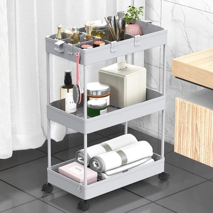 SPACELEAD 3 Tier Rolling Cart with Wheels, Storage Craft Art Trolley Organizer Serving, 3 Hanging Baskets Easy Assembly, for Office, Bathroom，Living Room, Kitchen, Black