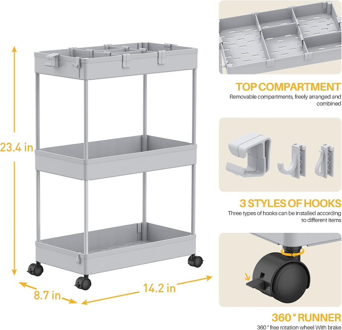 SPACELEAD 3 Tier Rolling Cart with Wheels, Storage Craft Art Trolley Organizer Serving, 3 Hanging Baskets Easy Assembly, for Office, Bathroom，Living Room, Kitchen, Black