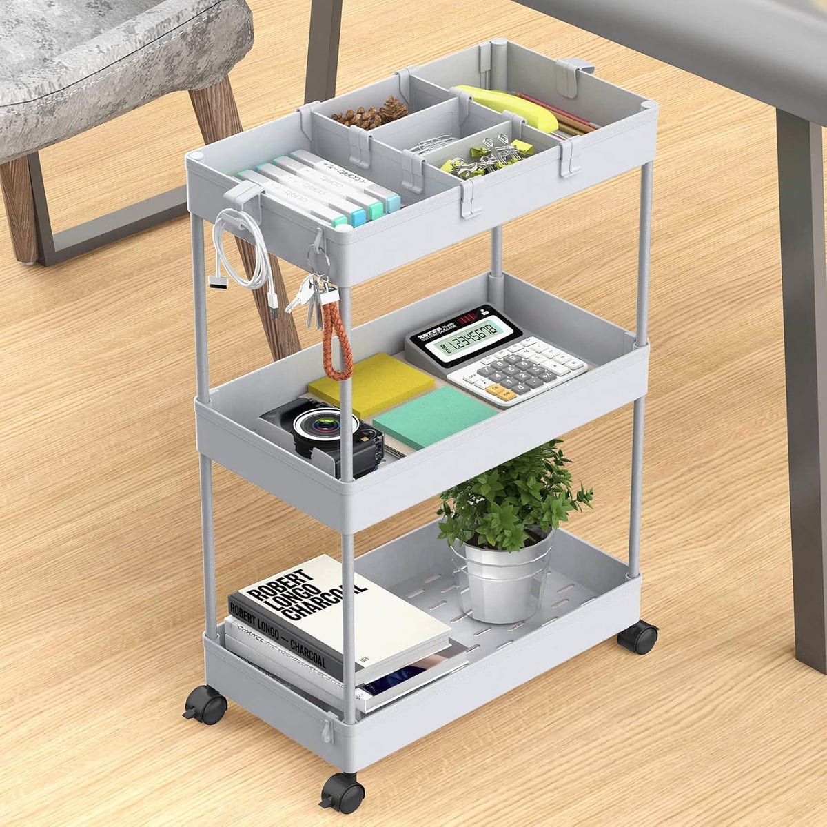 SPACELEAD 3 Tier Rolling Cart with Wheels, Storage Craft Art Trolley Organizer Serving, 3 Hanging Baskets Easy Assembly, for Office, Bathroom，Living Room, Kitchen, Black